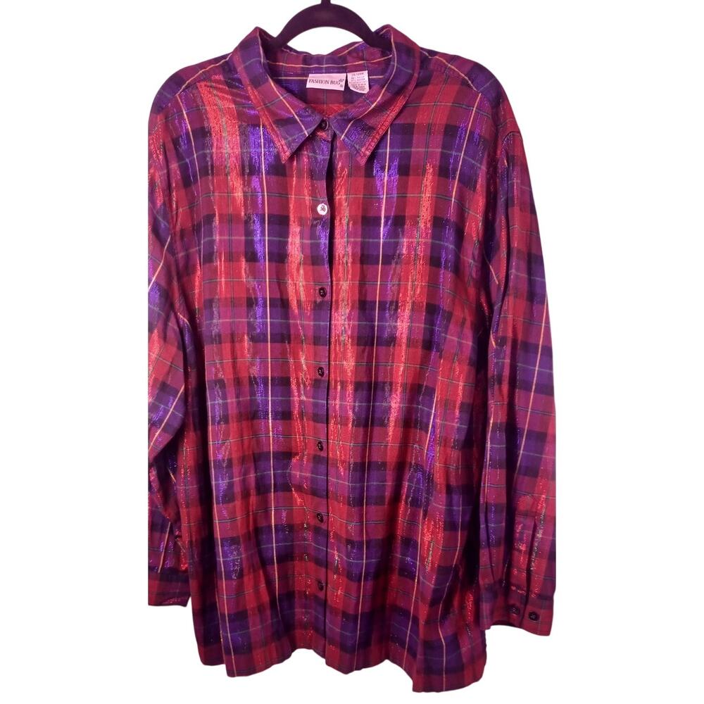 Vintage Fashion Bug Plus Size 26/28W Red & Purple Plaid Metallic Button-Down Top